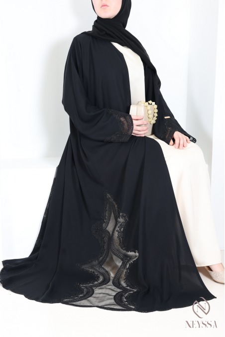 Dubai-Abaya-Kimono mit schwarzer Spitzenstickerei ein für Eid