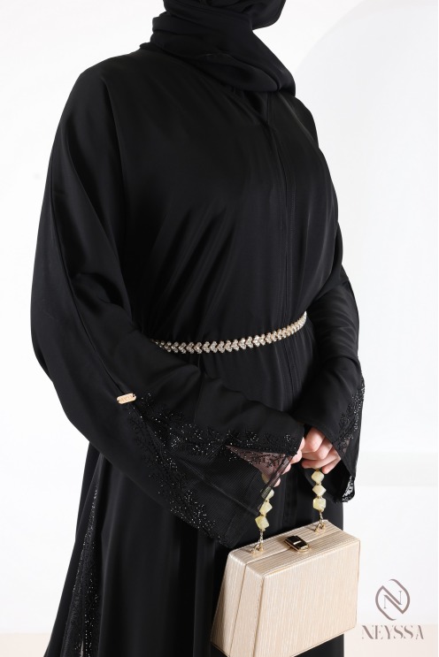 Dubai kimono abaya with lace and rhinestones, perfect for Eid