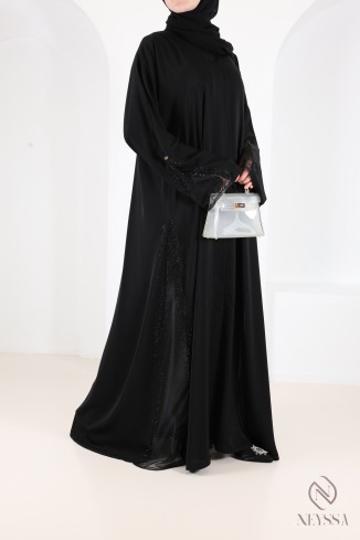 Dubai kimono abaya with lace and rhinestones, perfect for Eid