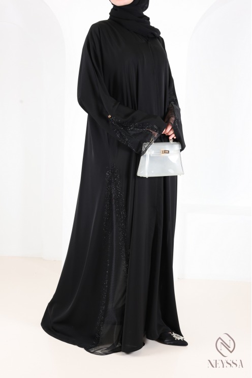 Dubai kimono abaya with lace and rhinestones, perfect for Eid