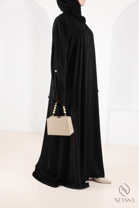 Dubai kimono abaya with lace and rhinestones, perfect for Eid