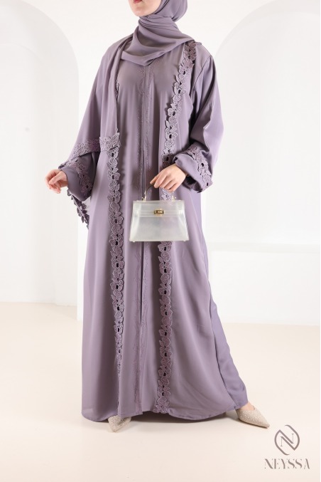 Purple Dubai abaya with embroidery and rhinestones, Eid outfit idea