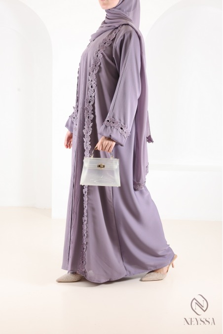 Purple Dubai abaya with embroidery and rhinestones, Eid outfit idea