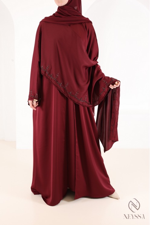 Dubai abaya kimono with burgundy beaded nidah cape
