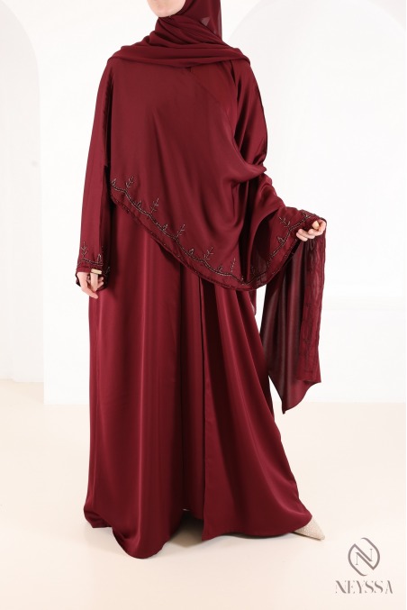 Dubai abaya kimono with burgundy beaded nidah cape
