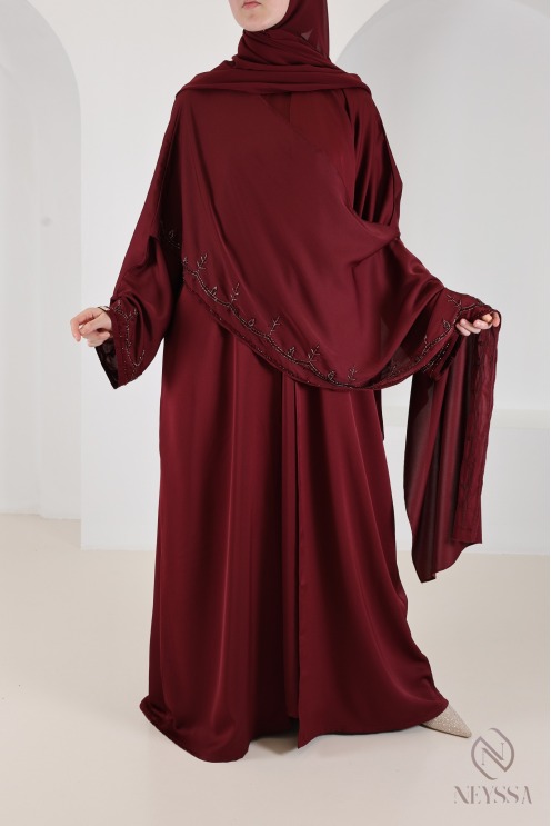 Dubai-Abaya-Kimono mit burgunderrotem, perlenbesetztem Nidah-Cape