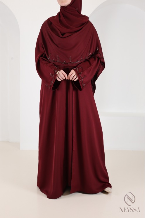 Dubai abaya kimono with burgundy beaded nidah cape