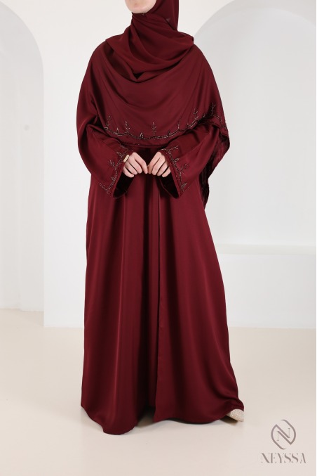 Dubai-Abaya-Kimono mit burgunderrotem, perlenbesetztem Nidah-Cape