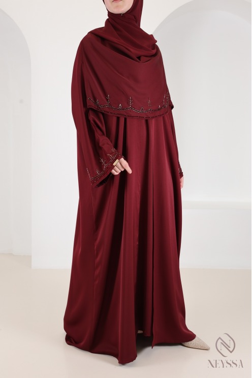 Abaya Dubaï kimono avec cape en nidah perlés bordeaux