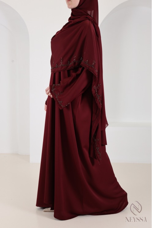 Dubai-Abaya-Kimono mit burgunderrotem, perlenbesetztem Nidah-Cape