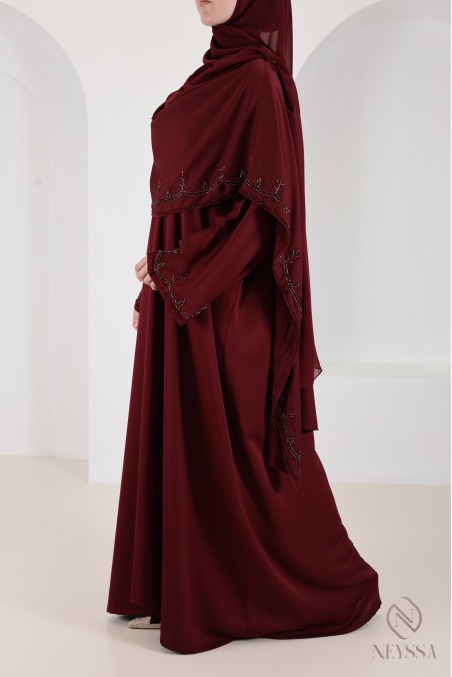 Abaya Dubaï kimono avec cape en nidah perlés bordeaux