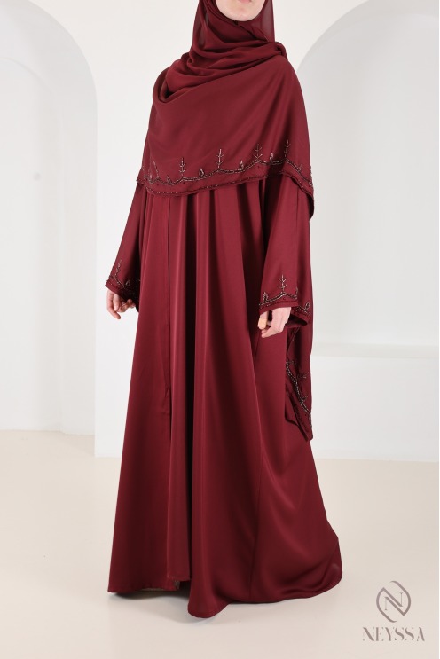 Abaya Dubaï kimono avec cape en nidah perlés bordeaux