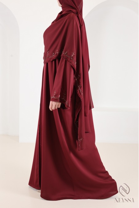 Dubai-Abaya-Kimono mit burgunderrotem, perlenbesetztem Nidah-Cape