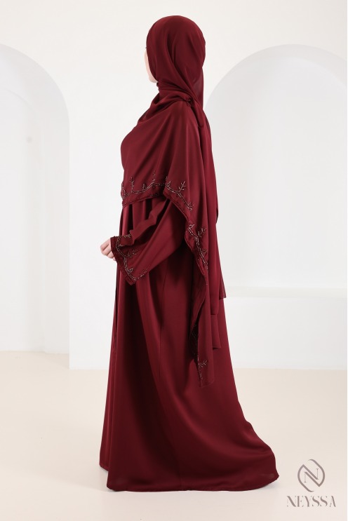 Abaya Dubaï kimono avec cape en nidah perlés bordeaux