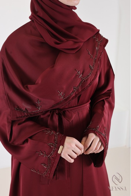 Dubai abaya kimono with burgundy beaded nidah cape
