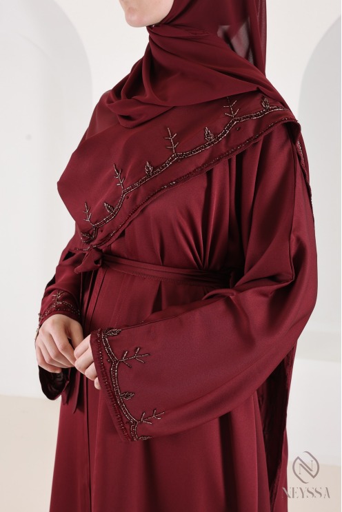 Abaya Dubaï kimono avec cape en nidah perlés bordeaux
