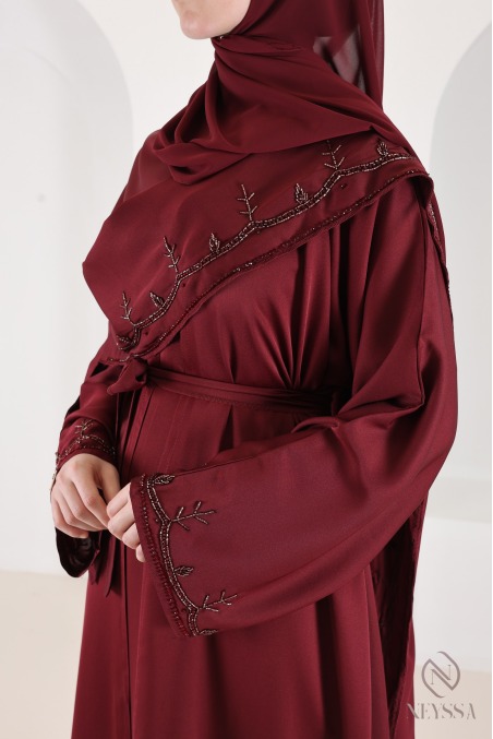 Dubai abaya kimono with burgundy beaded nidah cape