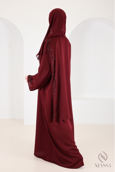Abaya Dubaï kimono avec cape en nidah perlés bordeaux