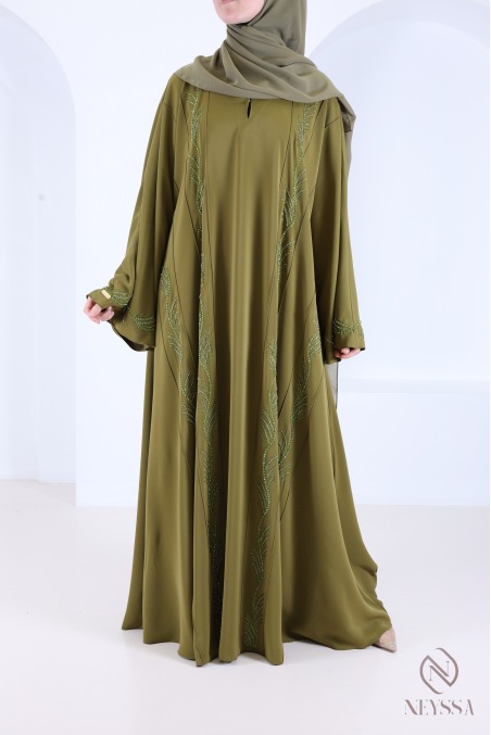 Abaya Dubaï avec strass et perles brodées vert pour l'Aïd