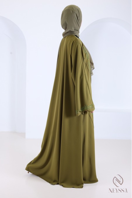Dubai abaya with green rhinestones and embroidered pearls for Eid
