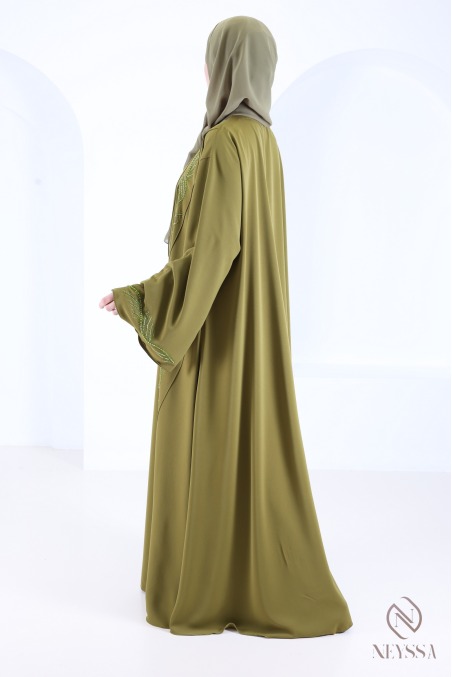 Abaya Dubaï avec strass et perles brodées vert pour l'Aïd