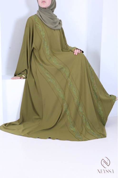 Dubai abaya with green rhinestones and embroidered pearls for Eid