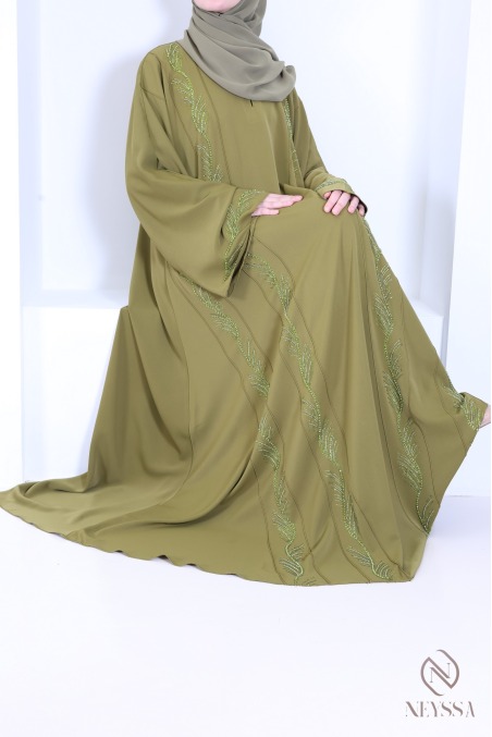 Dubai abaya with green rhinestones and embroidered pearls for Eid