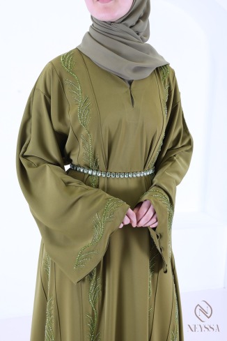 Abaya Dubaï avec strass et perles brodées vert pour l'Aïd 2