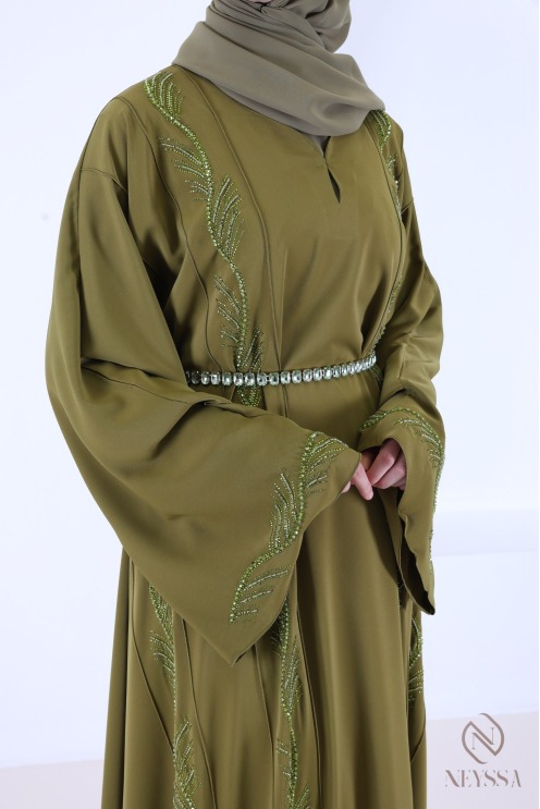 Dubai abaya with green rhinestones and embroidered pearls for Eid
