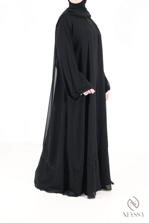 Abaya kimono Dubaï noir en mousseline, avec perles brodées