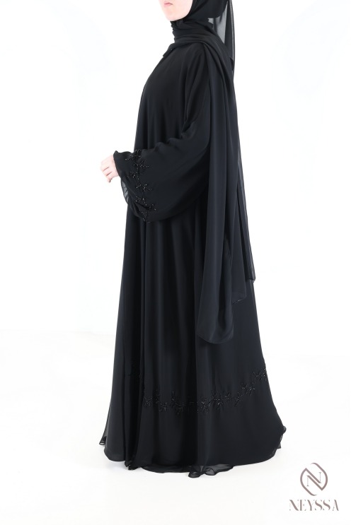 Abaya Kimono Dubai schwarz aus Chiffon, mit gestickten Perlen