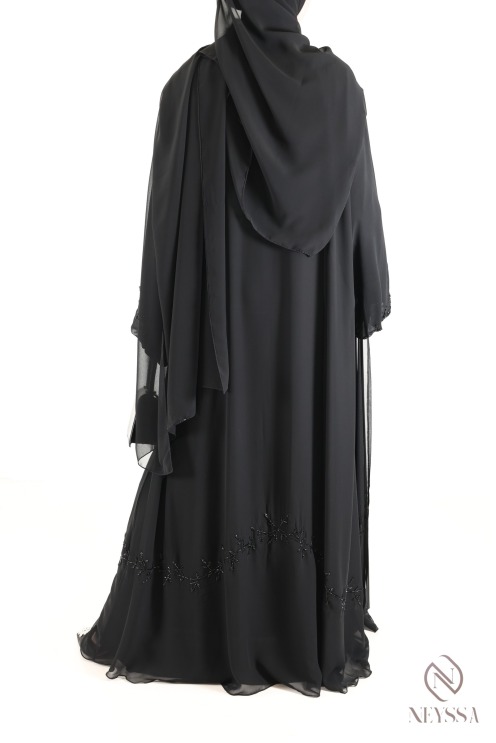 Abaya Kimono Dubai schwarz aus Chiffon, mit gestickten Perlen