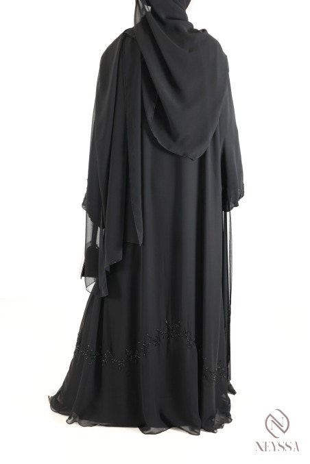 Black Dubai kimono abaya in chiffon, with embroidered pearls
