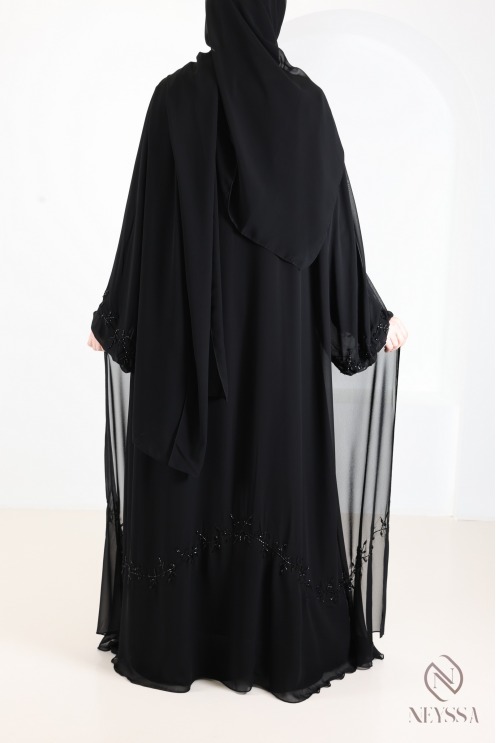 Abaya kimono Dubaï noir en mousseline, avec perles brodées