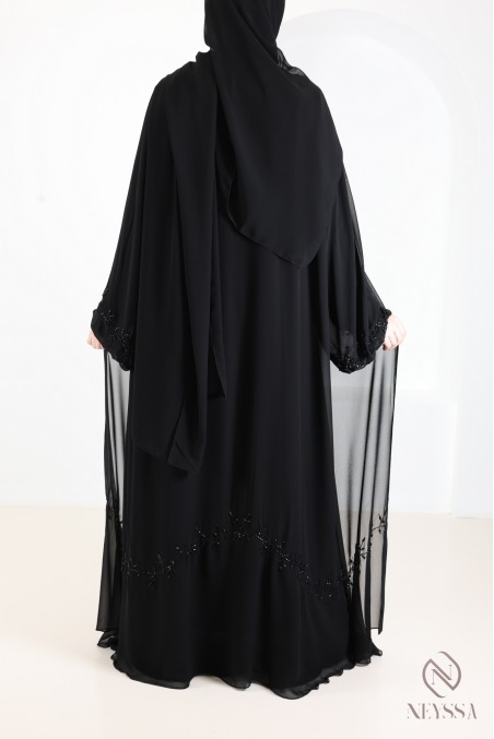 Abaya kimono Dubaï noir en mousseline, avec perles brodées