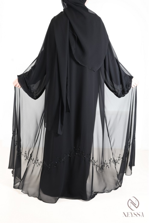 Black Dubai kimono abaya in chiffon, with embroidered pearls