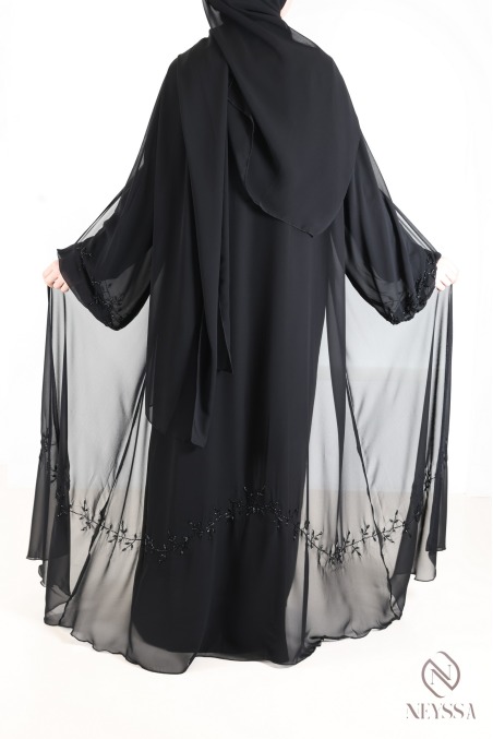 Abaya kimono Dubaï noir en mousseline, avec perles brodées