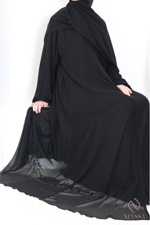 Abaya Kimono Dubai schwarz aus Chiffon, mit gestickten Perlen