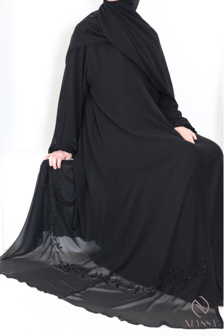 Abaya Kimono Dubai schwarz aus Chiffon, mit gestickten Perlen