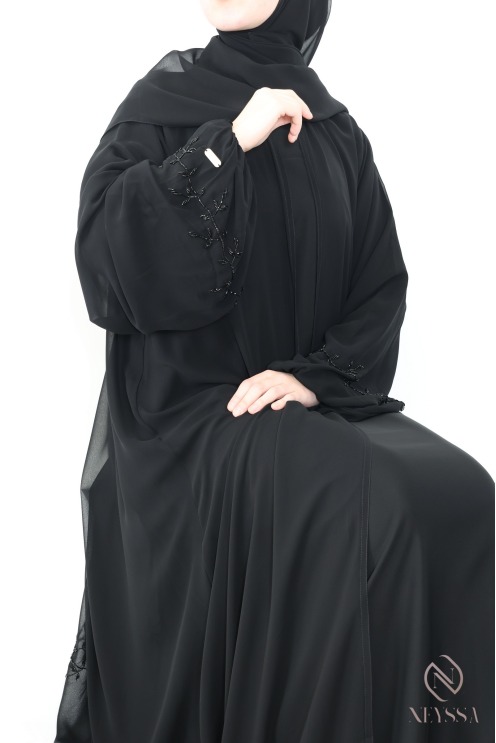 Abaya kimono Dubaï noir en mousseline, avec perles brodées