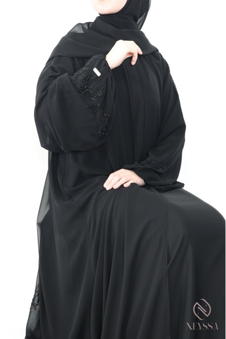 Black Dubai kimono abaya in chiffon, with embroidered pearls