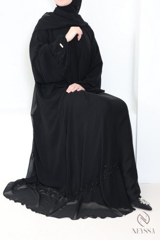 Black Dubai kimono abaya in chiffon, with embroidered pearls 2