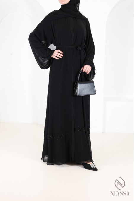 Black Dubai kimono abaya in chiffon, with embroidered pearls