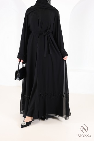 Abaya kimono Dubaï noir en mousseline, avec perles brodées