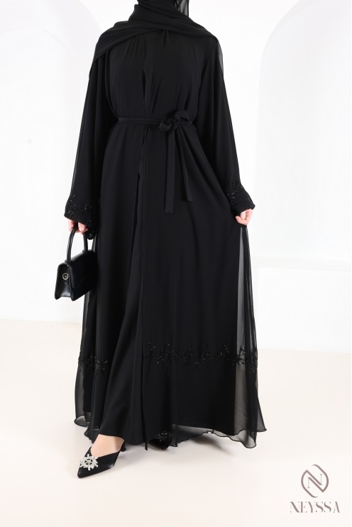 Abaya Kimono Dubai schwarz aus Chiffon, mit gestickten Perlen