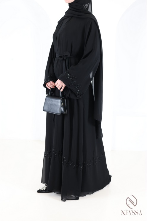 Abaya Kimono Dubai schwarz aus Chiffon, mit gestickten Perlen