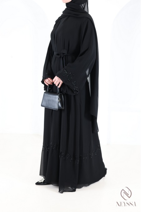 Abaya kimono Dubaï noir en mousseline, avec perles brodées