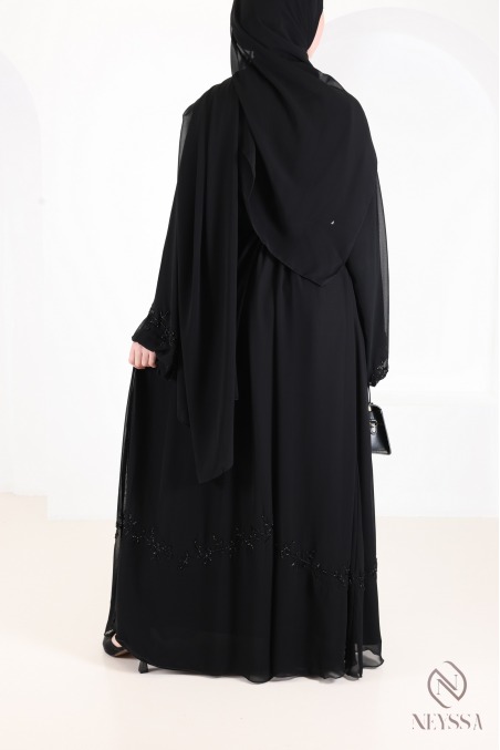 Abaya kimono Dubaï noir en mousseline, avec perles brodées