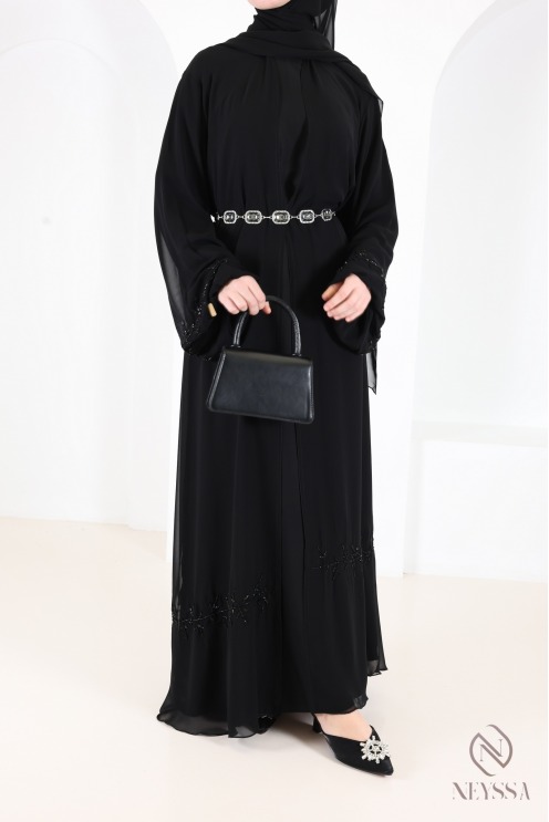 Abaya kimono Dubaï noir en mousseline, avec perles brodées
