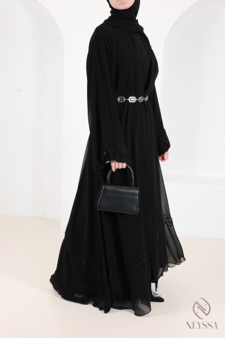 Abaya kimono Dubaï noir en mousseline, avec perles brodées